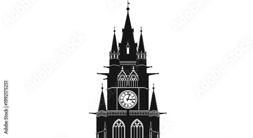 Black silhouette of Gothic clock tower.