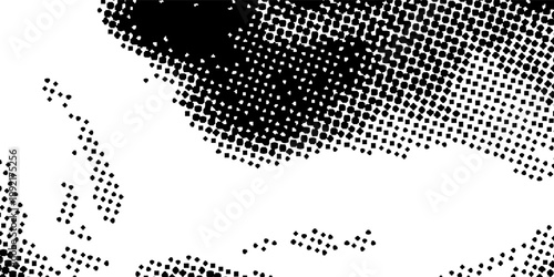 Abstract black and white square halftone background with flowing dotted grid and grunge distortion effect, modern vector design for bold print, digital, and creative projects