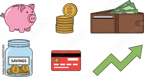 This colorful illustration depicts various financial elements including a piggy bank cash wallet and symbols of growth high quality professional detailed modern elegant