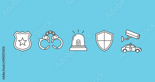 A collection of white line icons representing law enforcement and security elements including badges handcuffs alarms and vehicles high quality professional detailed modern