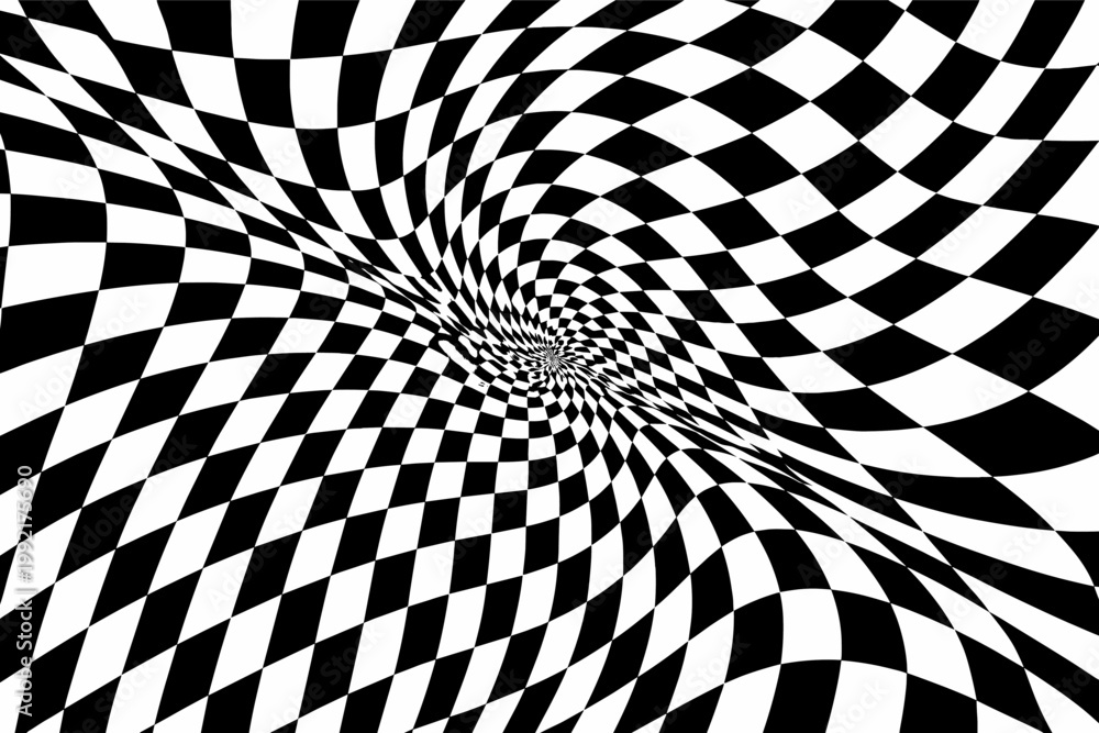 Obraz premium Abstract black and white distorted checkered vector pattern with a psychedelic optical illusion vortex. Hypnotic monochrome geometric background for modern graphic design, wallpaper, and art.