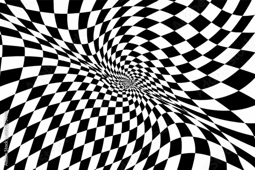 Abstract black and white distorted checkered vector pattern with a psychedelic optical illusion vortex. Hypnotic monochrome geometric background for modern graphic design, wallpaper, and art.