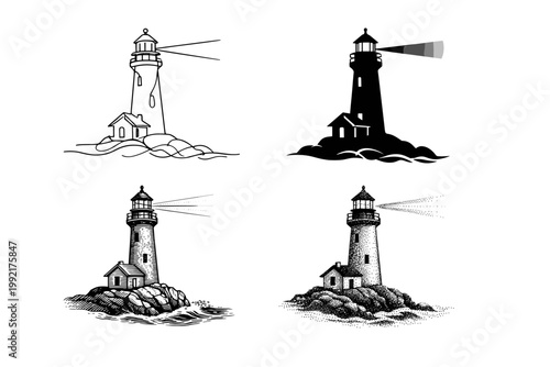 Set of four lighthouse vector illustrations in diverse artistic styles: minimalist continuous line art, solid black silhouette, vintage woodcut engraving, and detailed stippled dotwork drawing.