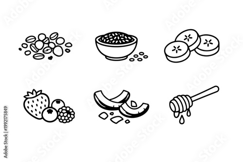 Set of Minimalist Flat Line Art Breakfast Ingredient Icons Featuring Granola Oats, Chia Seed Pudding Bowl, Sliced Bananas, Mixed Berries, Strawberry, Blueberry, Coconut Flakes, and Honey Dipper Vector