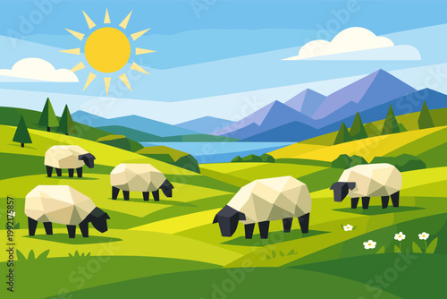 Vibrant flat vector illustration of geometric low poly sheep grazing on a lush green hillside under a bright sun and blue sky with distant mountains and a serene lake in a rural landscape.
