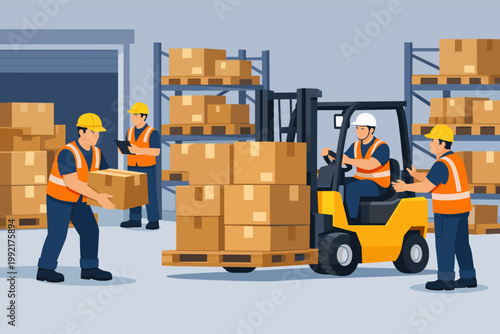 Professional warehouse workers in safety vests and hardhats loading cardboard boxes with a yellow forklift in a logistics storage facility. Industrial team managing inventory and distribution.