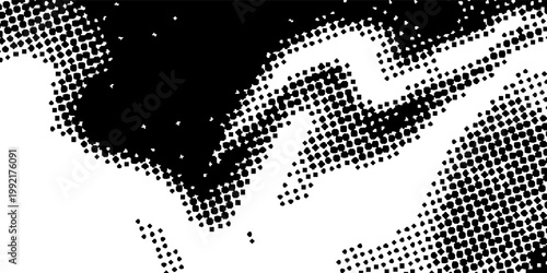 Abstract black and white square halftone background with flowing dotted grid and grunge distortion effect, modern vector design for bold print, digital, and creative projects