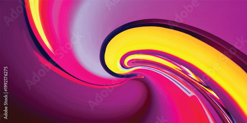 This abstract digital illustration features a vibrant pattern of colorful waves and glowing spirals that create a dynamic energy through flowing curves and bright pink, purple, and blue circular shape