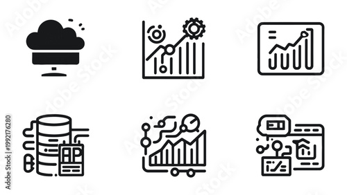 Iconic Data and Technology Illustrations: This image contains a set of illustrations representing different aspects of technology, including data, cloud computing, and more.