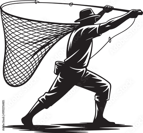 Fisherman silhouette with fishing net in action, outdoor fishing hobby vector illustration with black