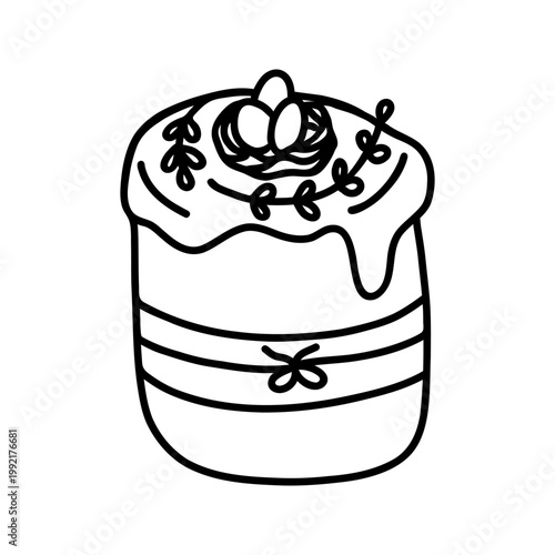Hand drawn easter cake, bread with willow and eggs in nest. Doodle vector illustration