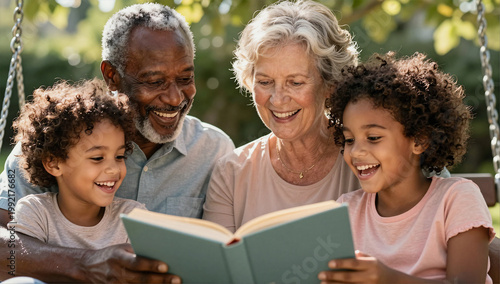 Cheerful Grandparents with Grandchildren in Multiracial Family Backyard Setting
