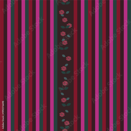 Vector image of vertical red, lilas, green stripes on  brown background creating a seamless pattern. Ideal for backgrounds and textile designs. Seamless vector floral pattern design with colorful trad