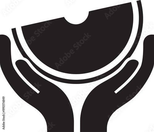 Hands holding a circular object with a curved cut-out, minimalist vector illustration with circle segment