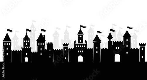 Medieval Castle Silhouette with Towers.