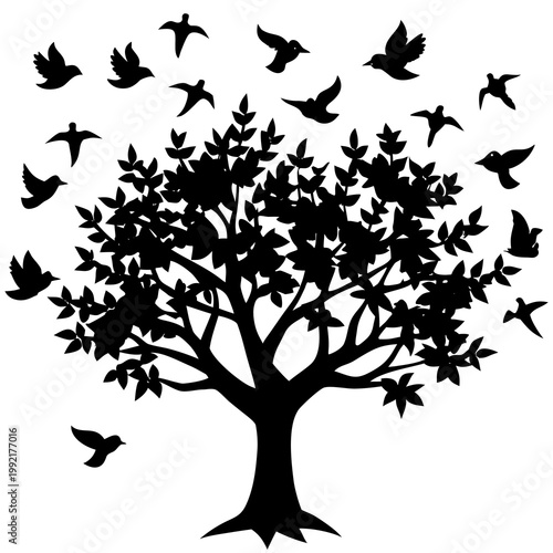 Tree With Birds Flying Silhouette Transparent Background