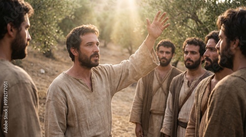 Jesus teaching his disciples in an olive grove. Biblical scenes of christianity and faith. Religious historical representation of the life of Jesus for church or faith based content.