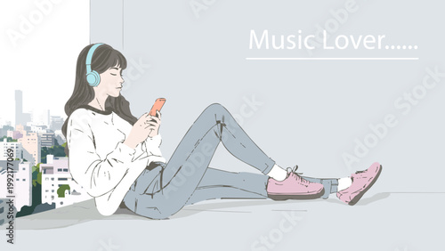 音楽を楽しむ若い女性とライフスタイル_イラスト素材