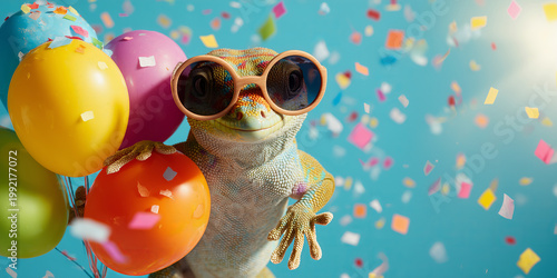 Funny lizard in sunglasses holding colorful birthday balloons, greeting card invitation on blue background with copy space.