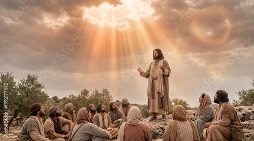 Jesus preaching to a group of men and woman outdoors under a dramatic sky with golden sun rays. Biblical scene representing sermon on the mount, spiritual teaching, faith and christianity.