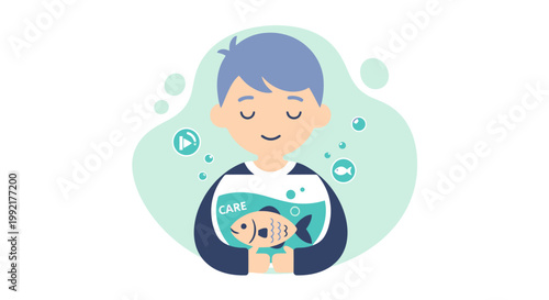 Boy Holding Fishbowl with Goldfish, Eyes Closed, Cartoon Style Illustration.