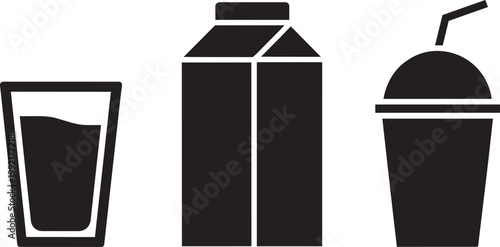 Milk carton with drink glass, beverage carton, and smoothie cup in outline style icon set with black