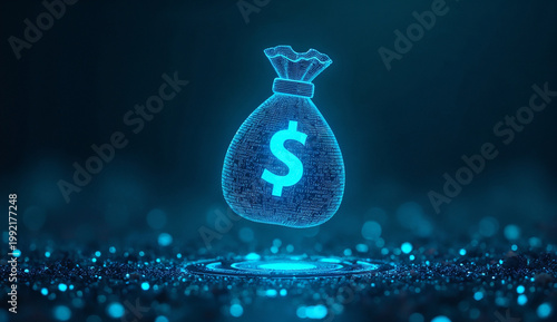 A futuristic digital money bag glowing with blue dollar signs on a glowing digital circuit board.