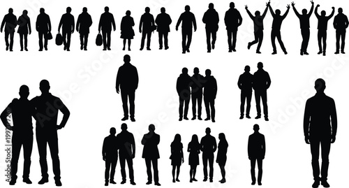 People silhouettes big set, standing walking and group poses collection, social lifestyle activity figures, isolated black illustration design bundle