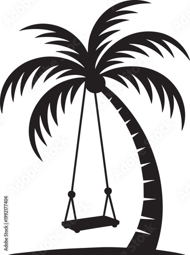 Palm tree with swing illustration in silhouette with vacation and tropical in outline style icon set