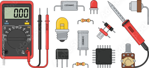 Electronics Tools and Components Collection with Multimeter, Soldering Iron, Resistors, Microchip, LED, and Electrical Equipment for Engineering and Repair Illustration