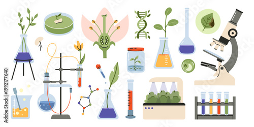 Garden as a laboratory, biotechnology, breeding, plant research, in vitro. Set with test tubes, a microscope, and plants