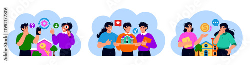 Real estate. Agent house. Rent apartment, building property. Looking for loan. People realtors for city home. Investment in residence, client support. Vector tidy cartoon flat isolated illustration