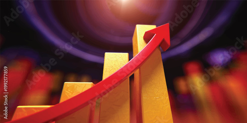 A 3D illustration of a business graph featuring a red arrow pointing up to symbolize financial growth, market success, and positive progress in a data-driven marketing concept