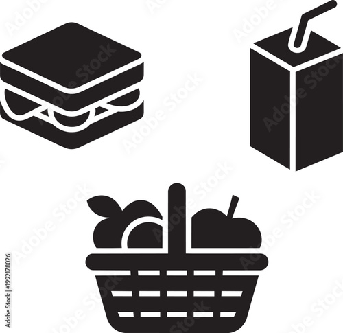 Sandwich, juice box, and fruit basket icons in 3 piece lunch set collection using solid black style