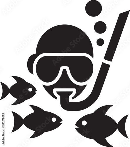Scuba diver face mask and snorkel illustration with 3 fish underwater bubbles with clip art, black