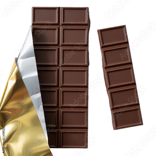 Stack of dark chocolate bars with golden foil wrapper isolated on transparent background