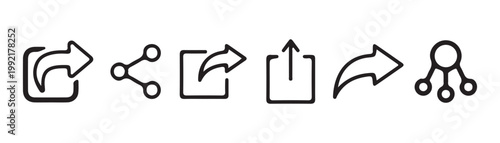 Row of outlined share and export vector icons featuring different arrow styles and networking node graphics.