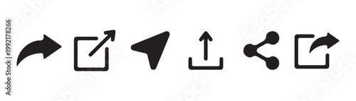 Collection of various black sharing symbols and upload icons isolated on a gray transparent grid background.