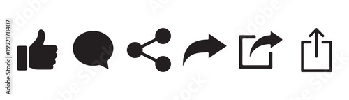 Linear and solid black icons for social media engagement including thumbs up and content sharing functions.