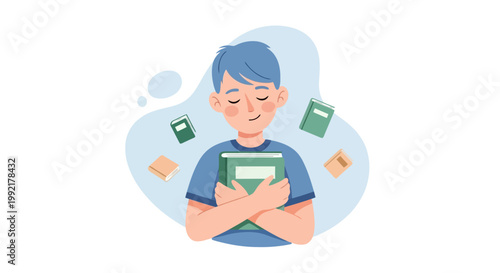 Cartoon Boy Embracing Books with a Dreamy Expression.