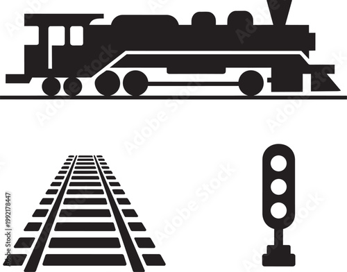 Steam locomotive and railroad tracks with traffic signal graphic illustration with signal light