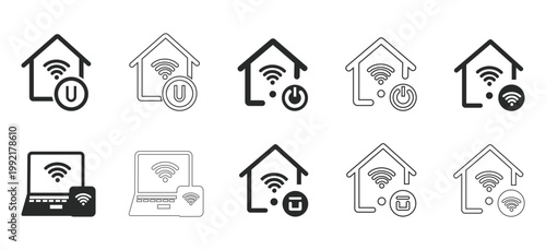 Smart home icons with WiFi and devices on white background