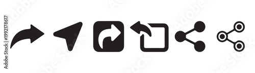 Black social share and navigation icon pack featuring arrows boxes and network nodes for web mobile application.