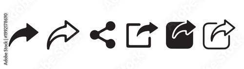Various share and forwarding arrow icons in black line and solid styles for modern web interface applications.