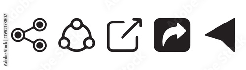 Black social media and navigation symbols including share network nodes external link box and arrow pointers.