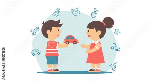 Cartoon Boy Giving Toy Car to Girl Illustration.