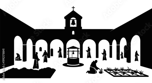 People in a courtyard with arches.