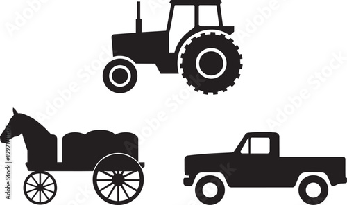 Tractor, horse-drawn cart, and pickup truck illustration with hay wagon, farm vehicle, and black
