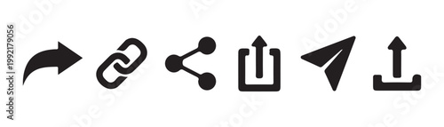 Set of black share icons with arrows and paper planes for social media interactions and digital communication.
