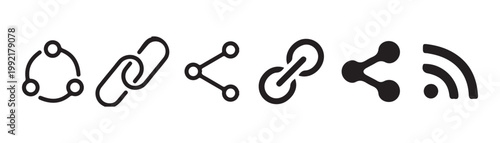 Network sharing and link connection icons set includes rss feed symbol for communication and digital marketing.
